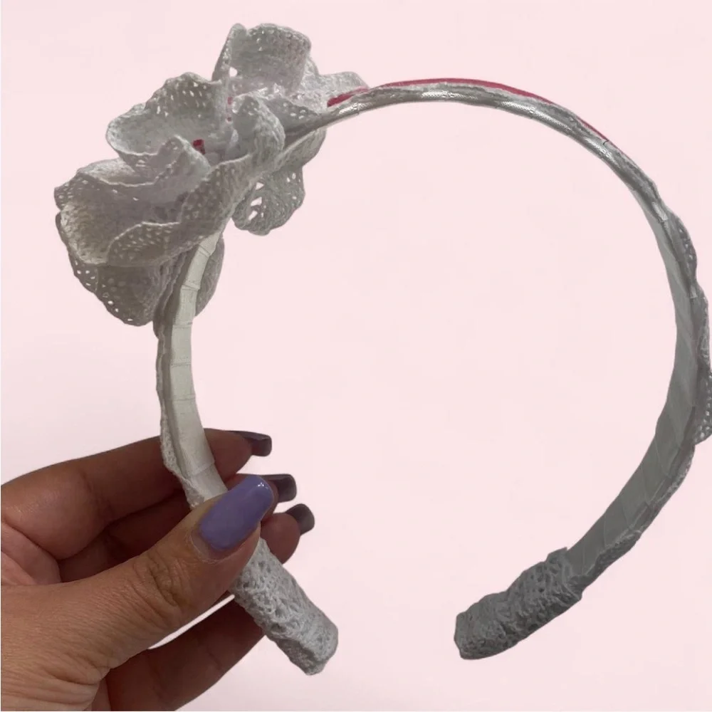 Hand Crafted White and Pink Lace Headband